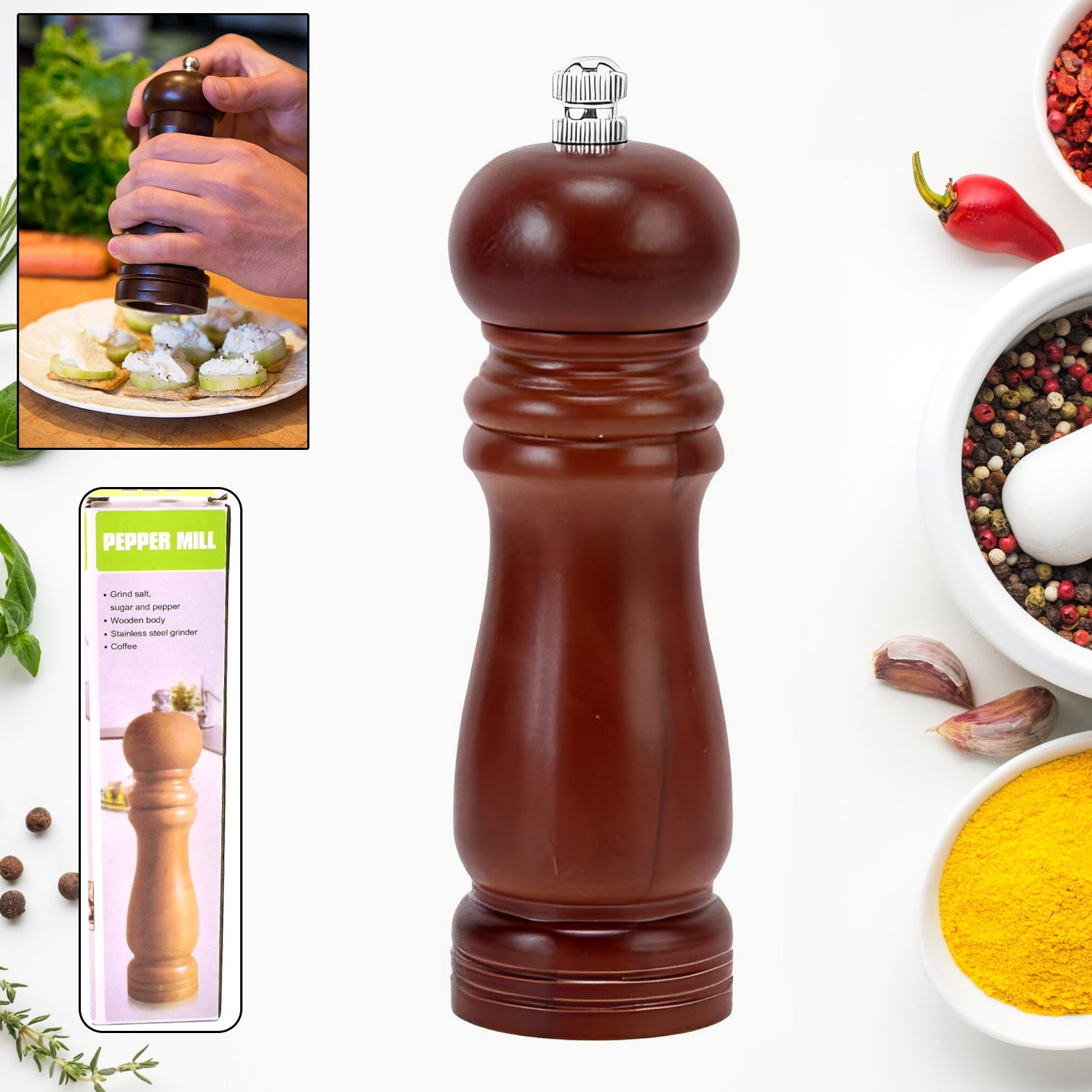 Wooden Pepper Mill 8 inch Tall - Best Pepper Grinder Wooden Pepper Mill 8 inch Tall - Best Pepper Grinder